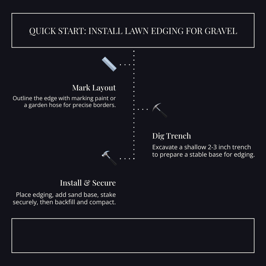 Infographic showing edging material options, trench depth, and gravel layer setup for lawn edging infographic