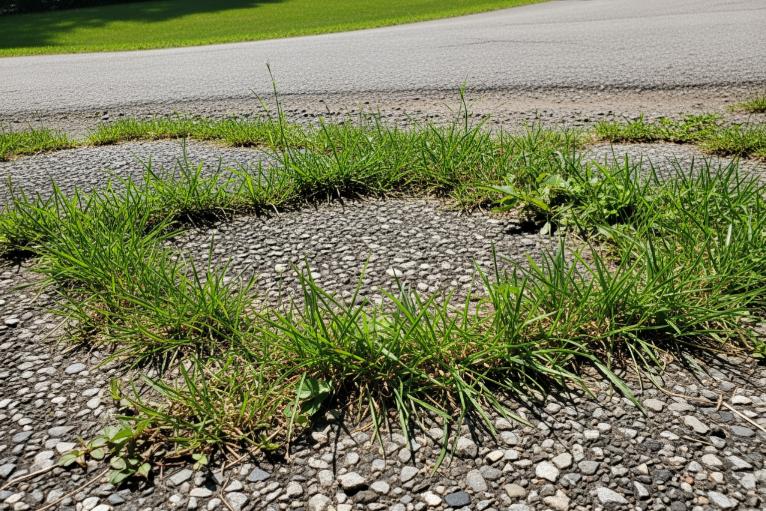 Grass and weeds invading a gravel driveway without proper edging