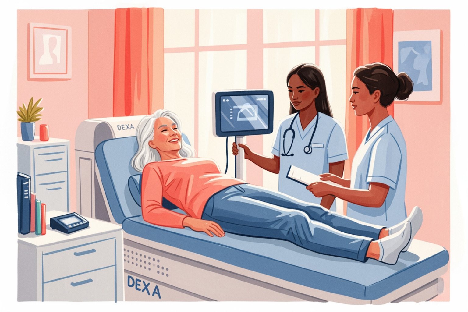 A woman in her early 60s with silver hair lies comfortably on a modern DEXA scanner while a technician monitors the screen