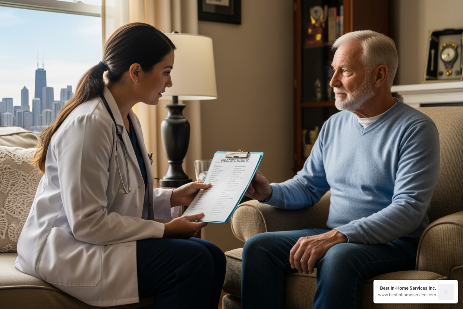 A clinician in a Chicago home performing an initial health assessment and reviewing medications