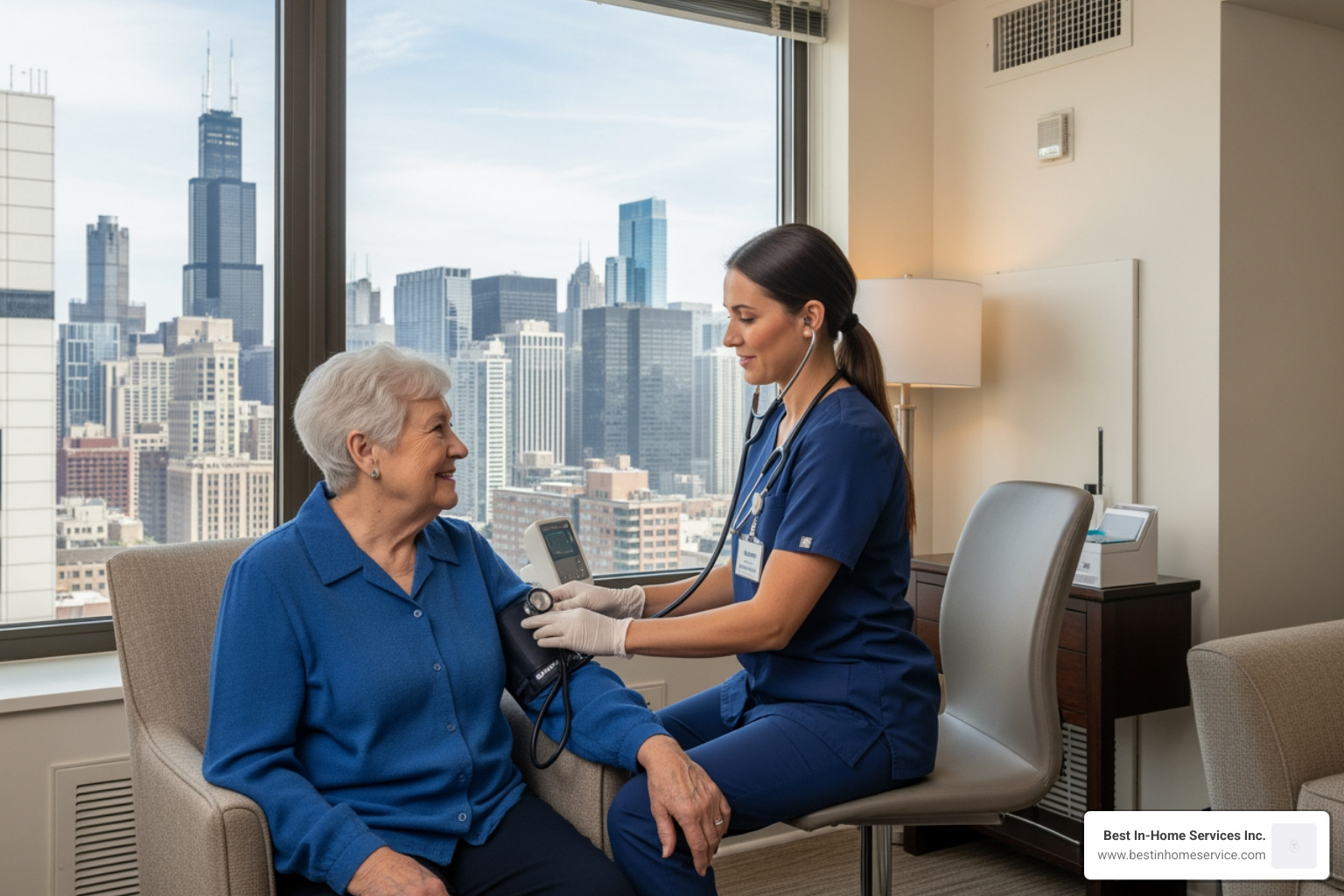 A senior in a Chicago apartment receiving professional medical check-up from a home health nurse