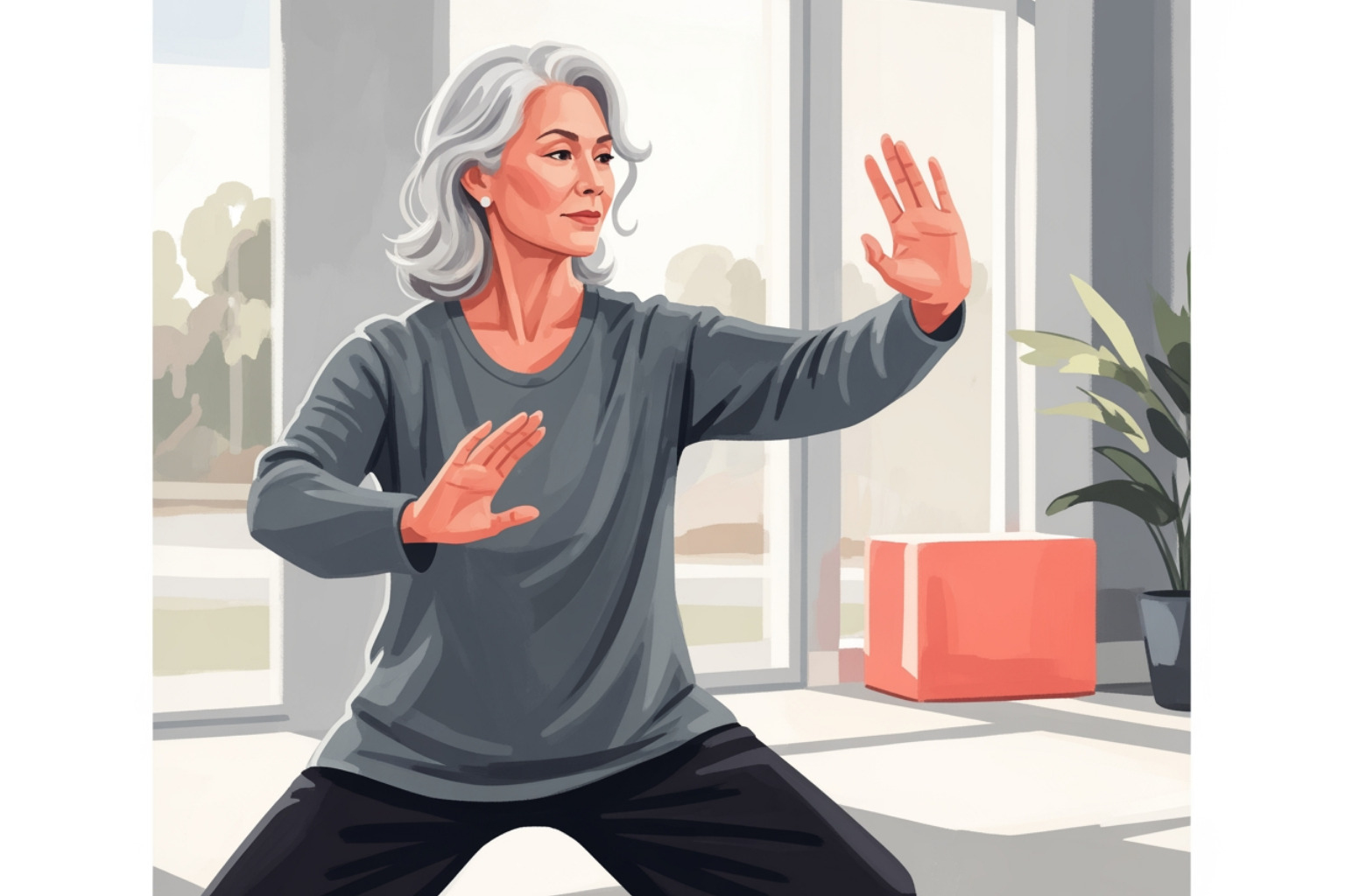 A woman in her late 50s with silver hair practicing Tai Chi in a bright, modern community center, demonstrating balance and A woman in her late 50s with silver hair practicing Tai Chi in a bright, modern community center, demonstrating balance and