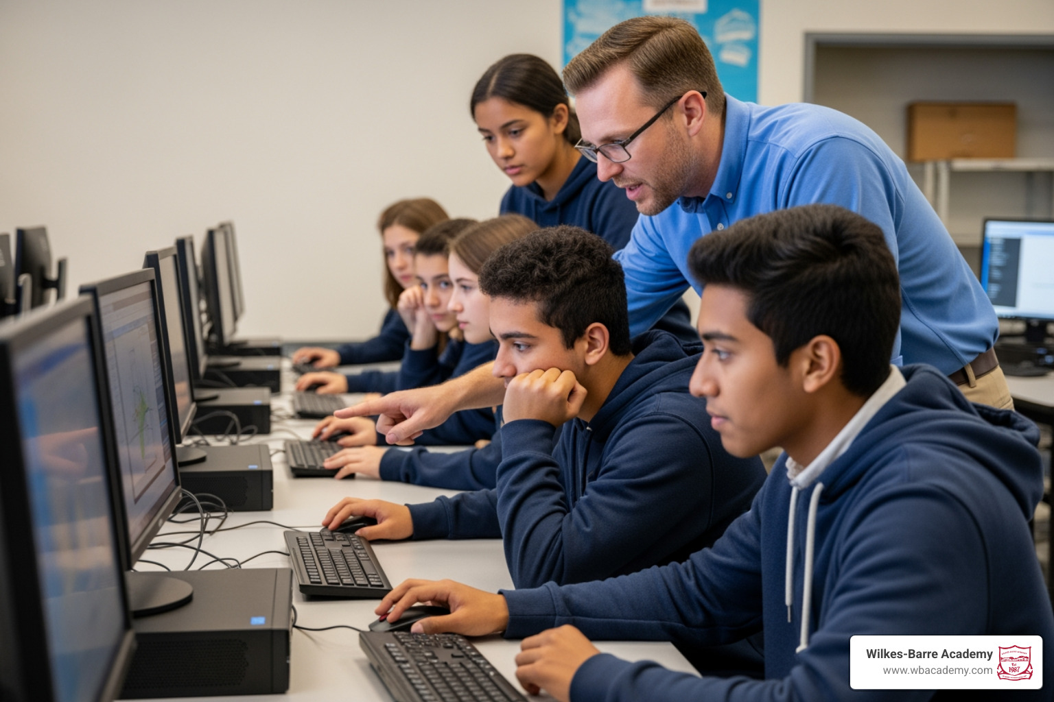 Teacher coaching a science olympiad team on engineering CAD Teacher coaching a science olympiad team on engineering CAD