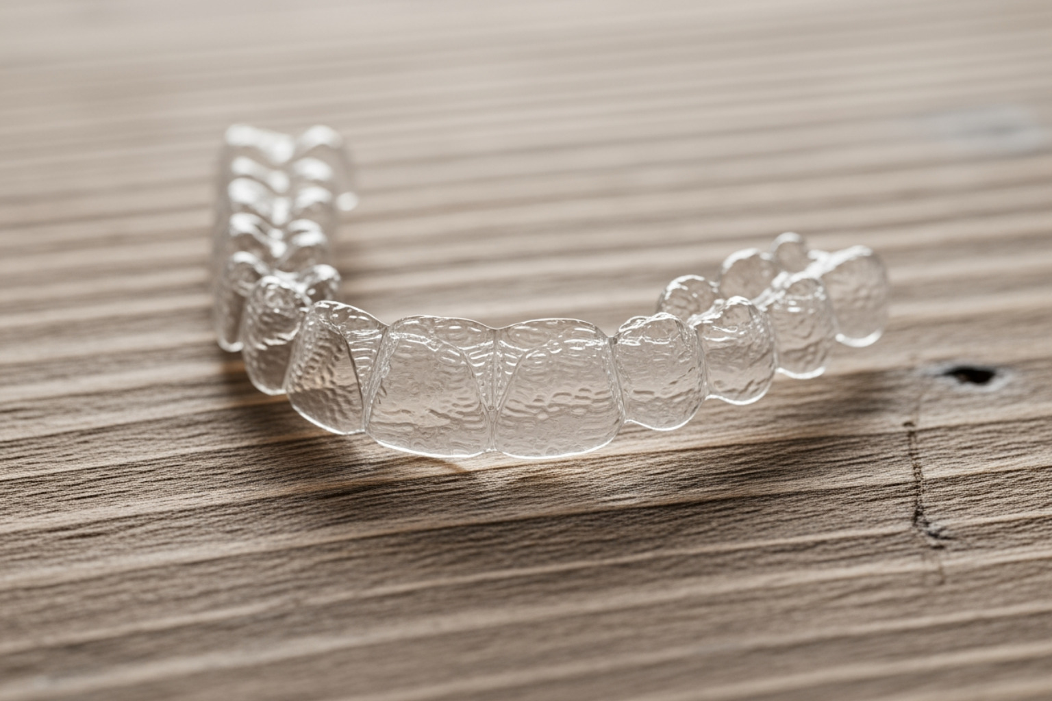 Close up of Spark clear aligners on a wooden surface Close up of Spark clear aligners on a wooden surface