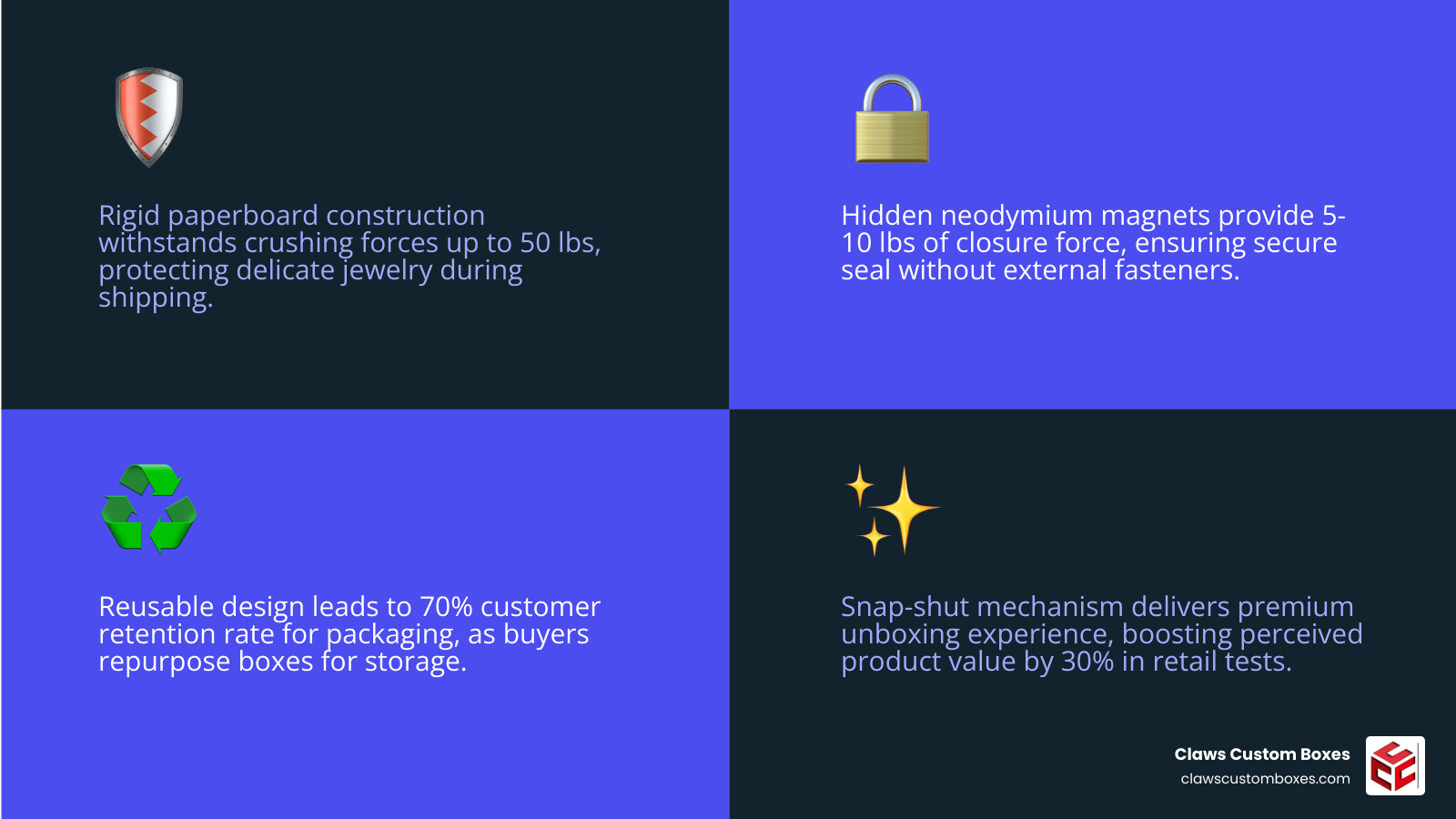 Infographic explaining the magnetic closure mechanism with hidden magnets and rigid paperboard layers infographic