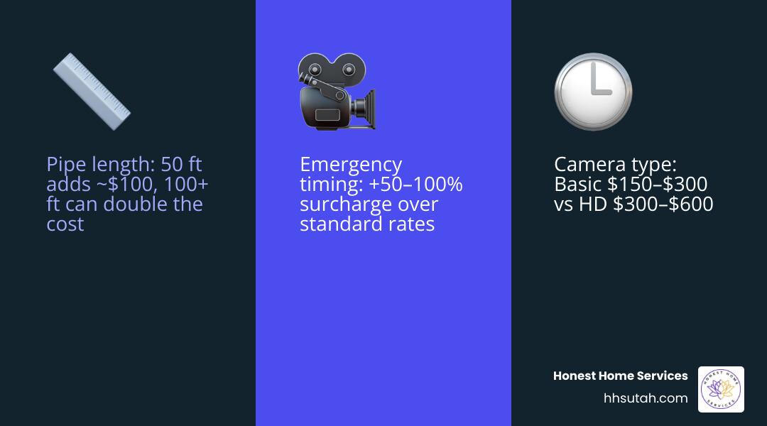 infographic showing sewer camera inspection cost breakdown by type, pipe length, and add-ons infographic infographic showing sewer camera inspection cost breakdown by type, pipe length, and add-ons infographic