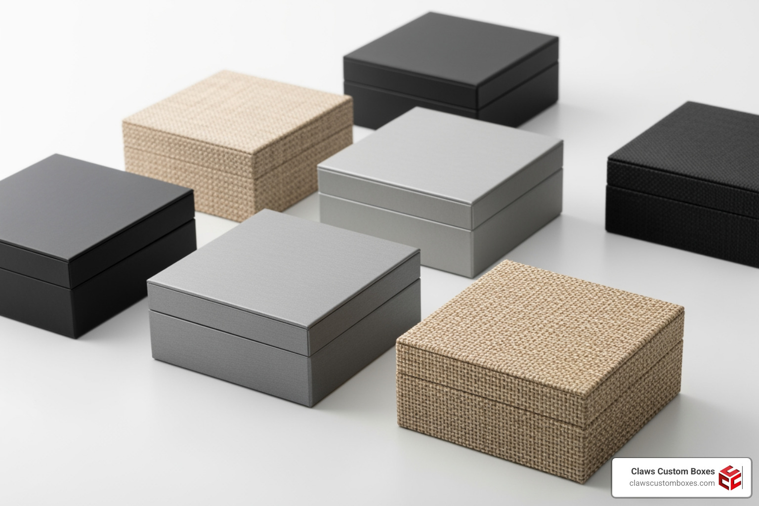 various box finishes including matte black, metallic grey, and burlap textures