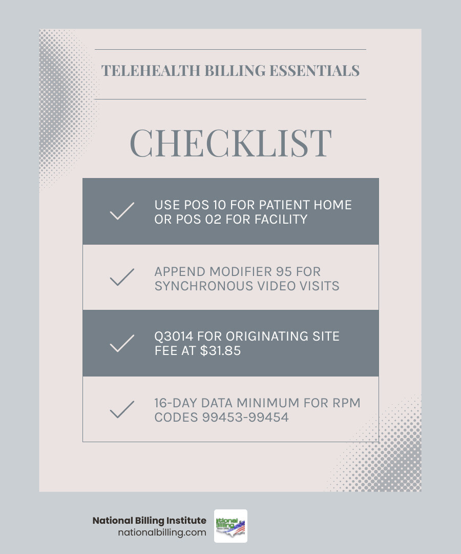 2026 CMS telehealth billing workflow infographic with codes, modifiers, POS rules, and facility fees infographic