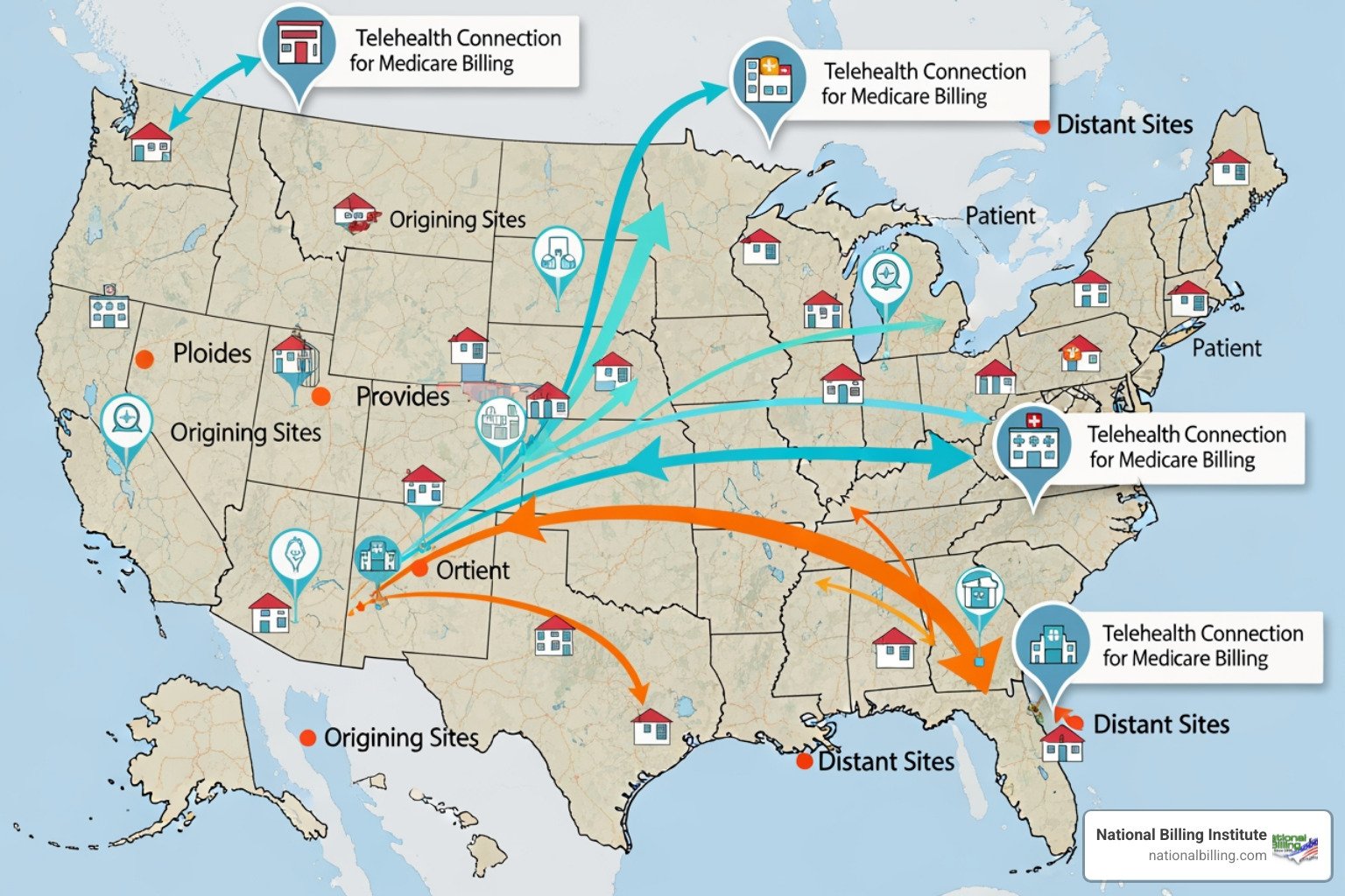 digital map showing the difference between originating site and distant site for Medicare billing
