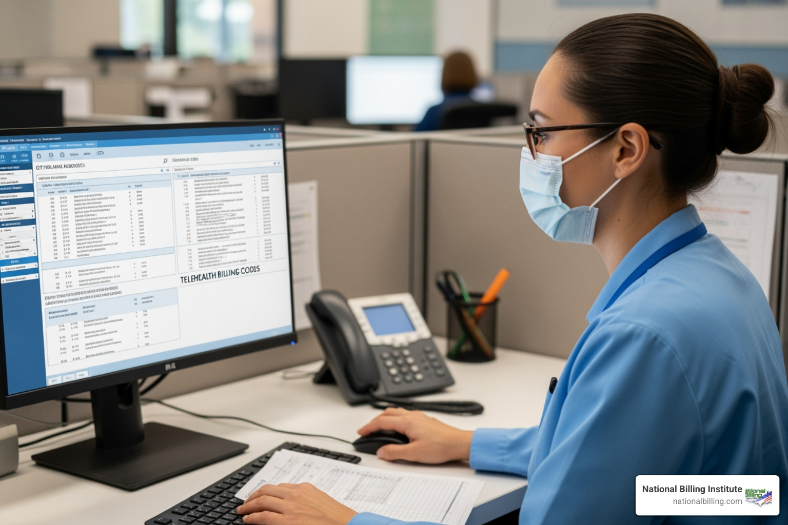medical coder reviewing CPT charts for telehealth compliance