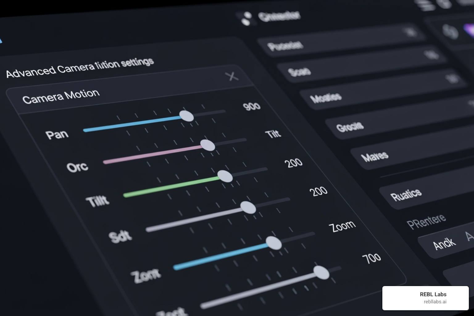 A close-up of advanced camera motion settings showing pan, tilt, and zoom sliders