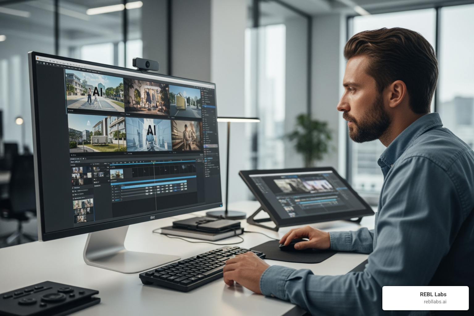 A content creator at a desk reviewing multiple AI-generated video clips on a monitor