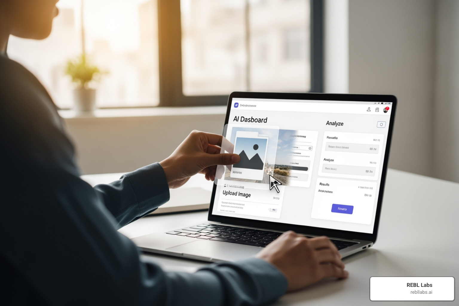 A user uploading a high-resolution photo to a clean, modern AI dashboard