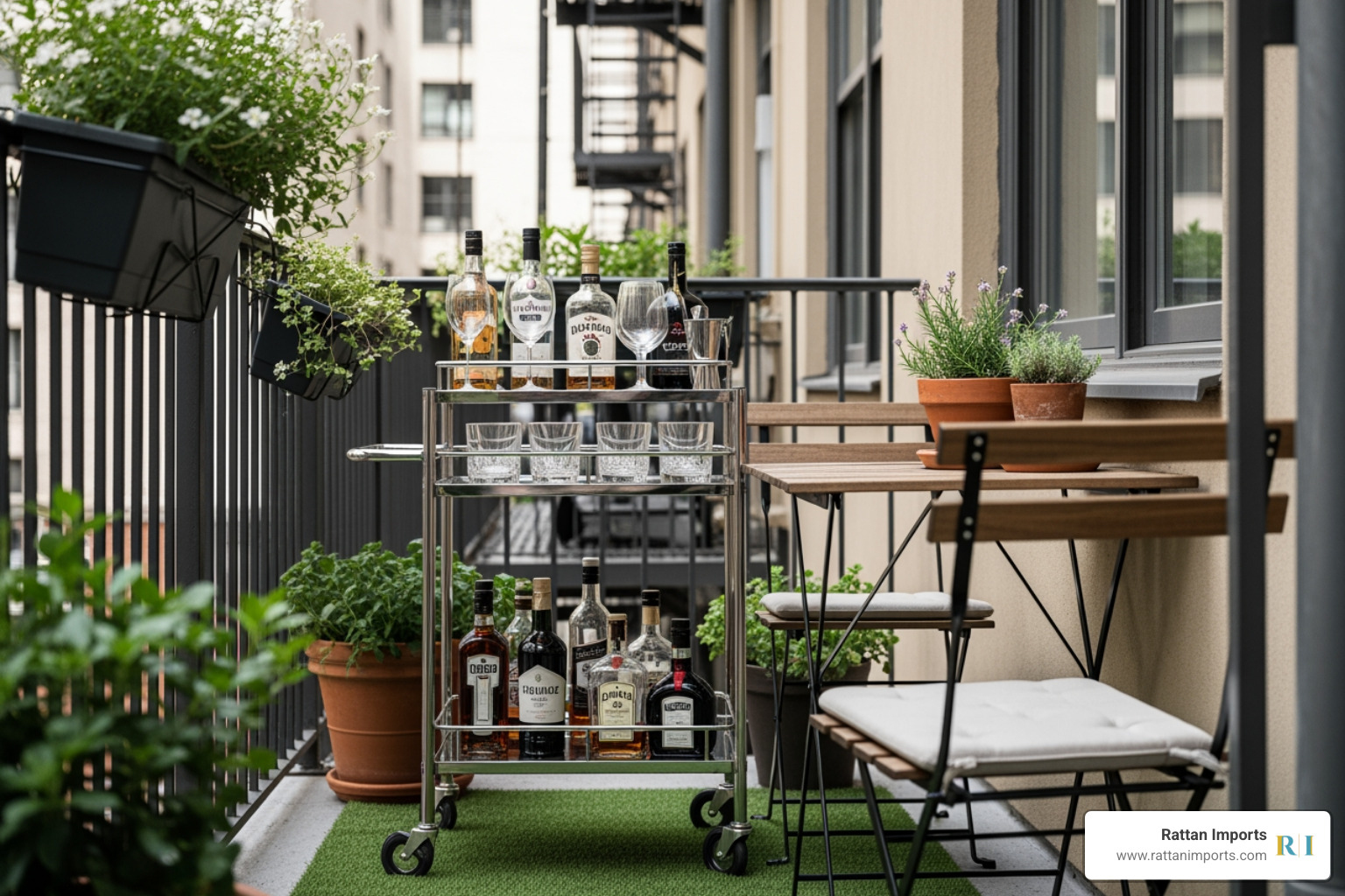 compact bar cart on a small patio compact bar cart on a small patio