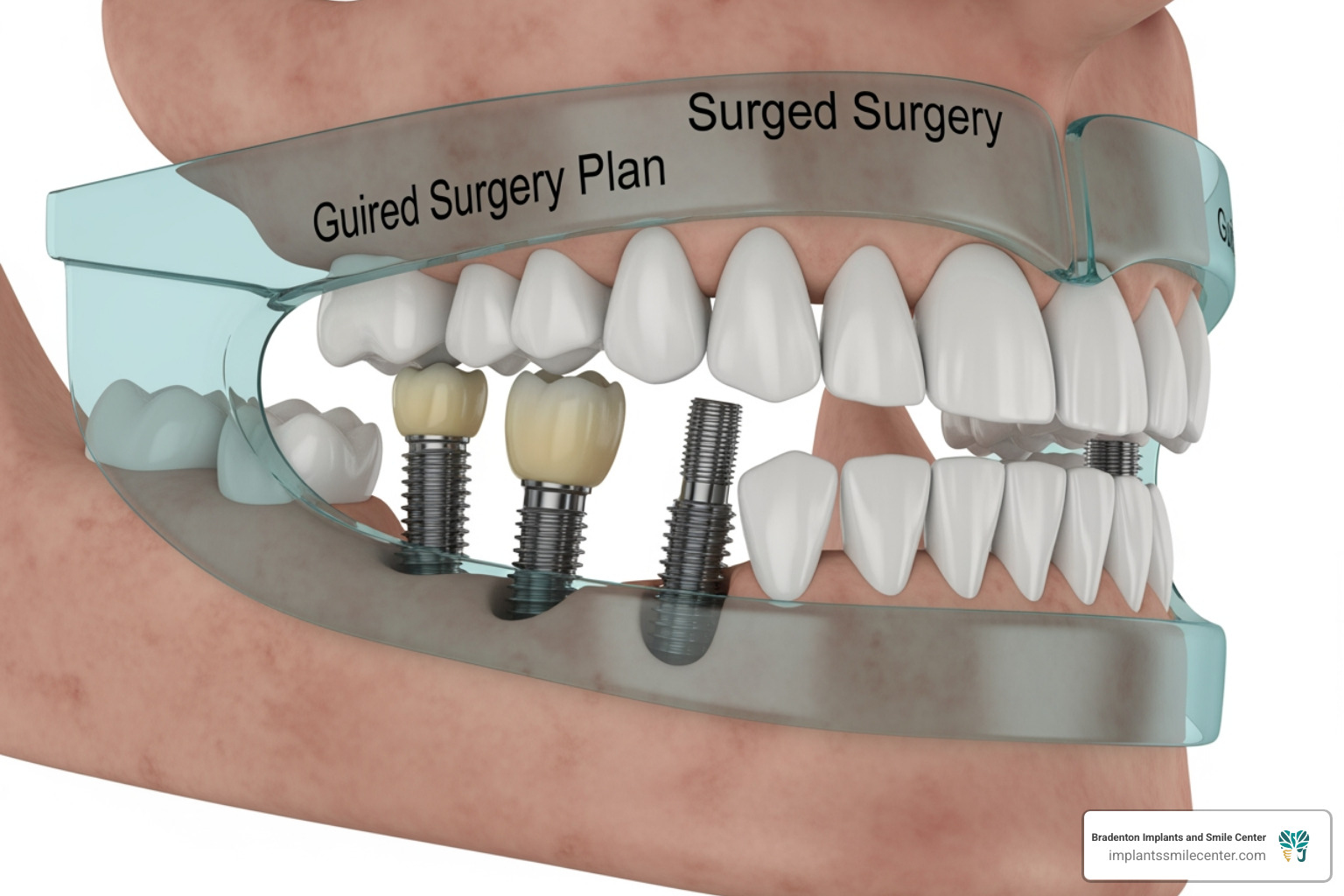 3D guided surgery planning showing the precise angled placement of four implants in the jawbone