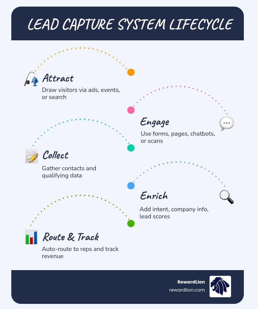 Lead capture system lifecycle infographic showing 6 stages from attraction to revenue tracking infographic Lead capture system lifecycle infographic showing 6 stages from attraction to revenue tracking infographic