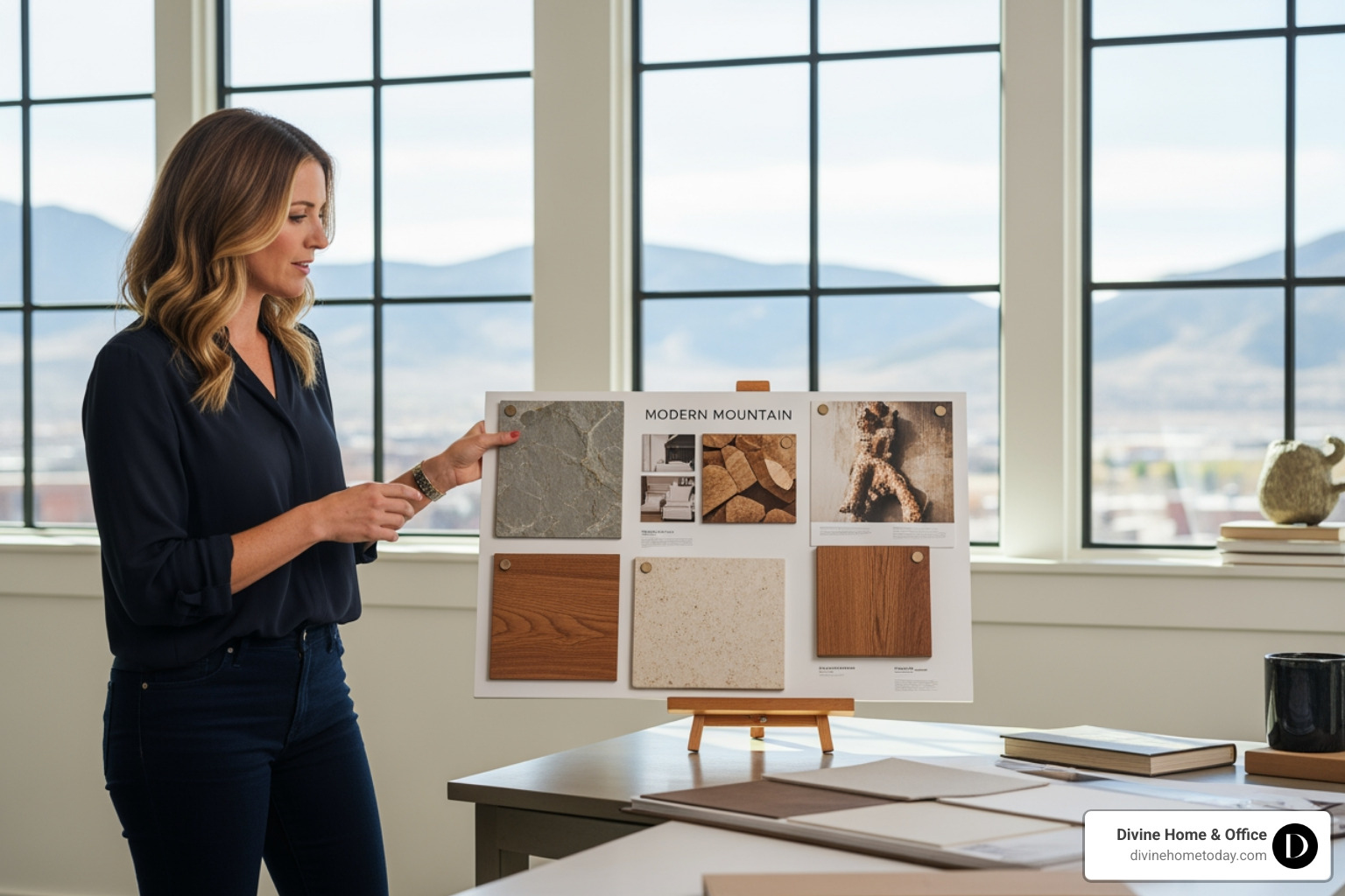 Designer presenting a modern mountain mood board with stone and wood samples