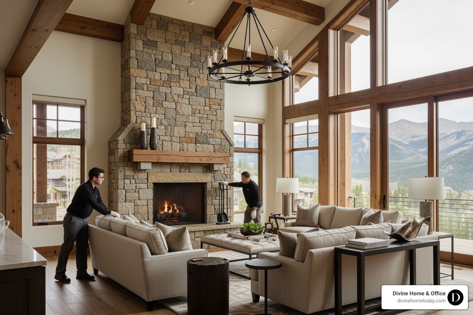 White-glove delivery service placing custom furniture in a polished living area