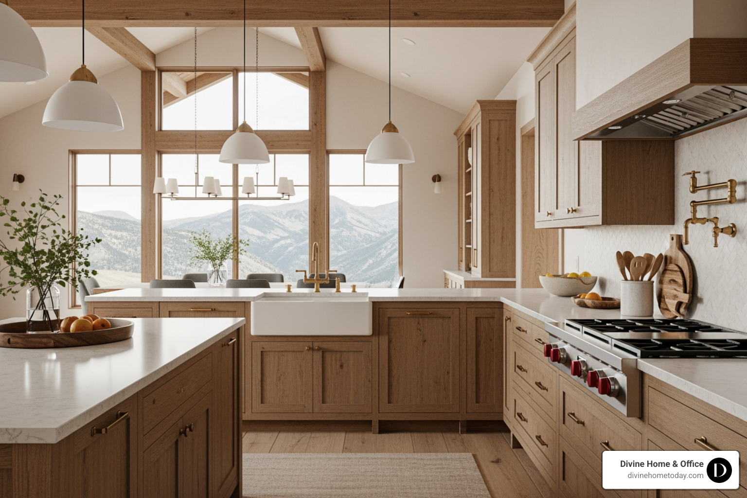 Photorealistic 3D rendering of a luxury mountain kitchen with quartz counters and timber beams