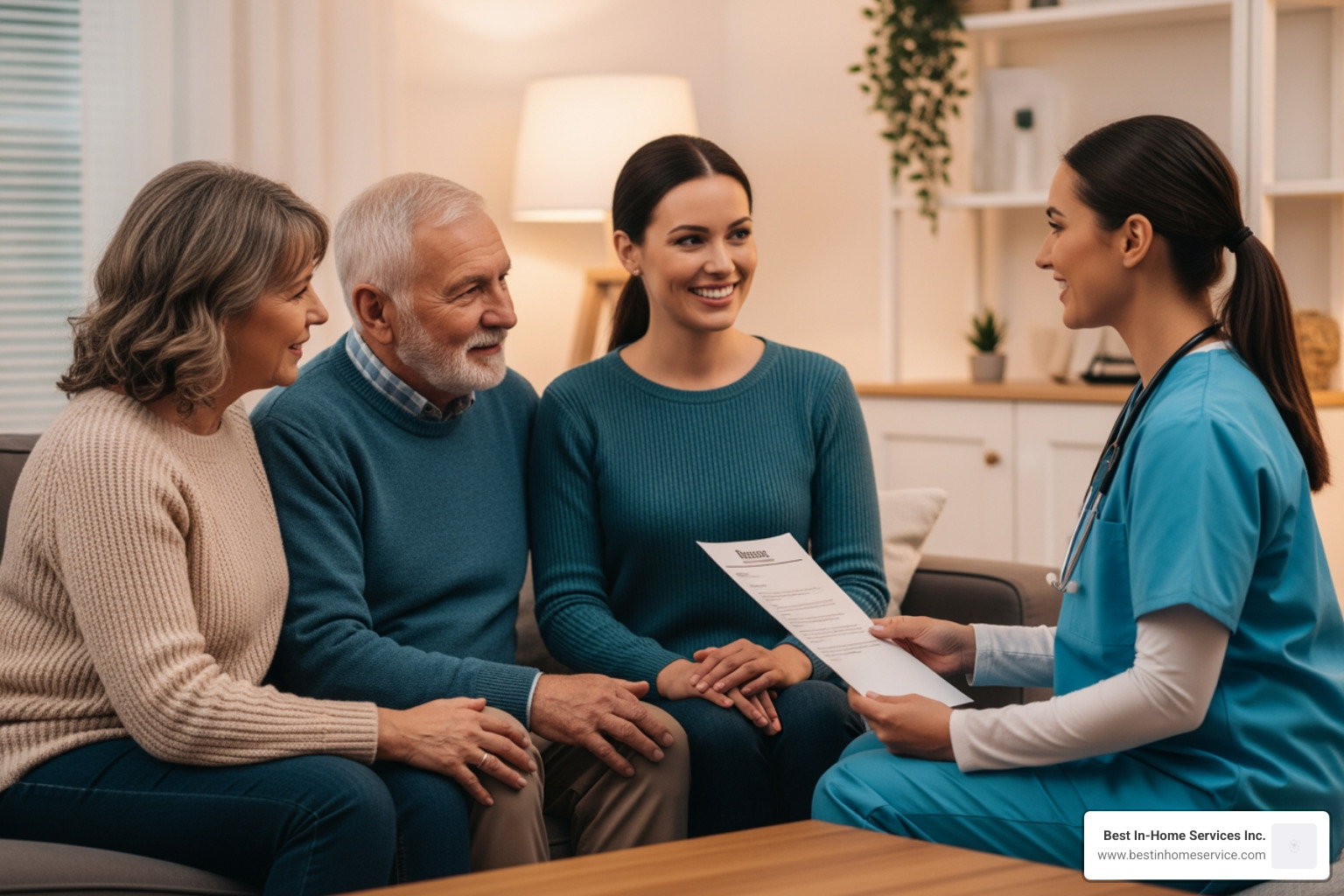 family interviewing a potential caregiver in a living room family interviewing a potential caregiver in a living room