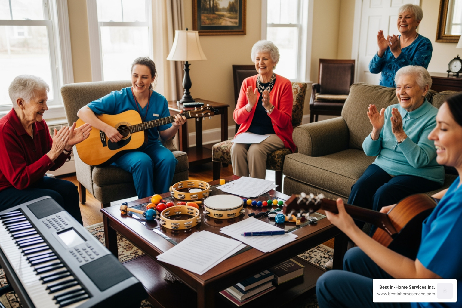 Seniors participating in music therapy at home to stimulate memory and joy