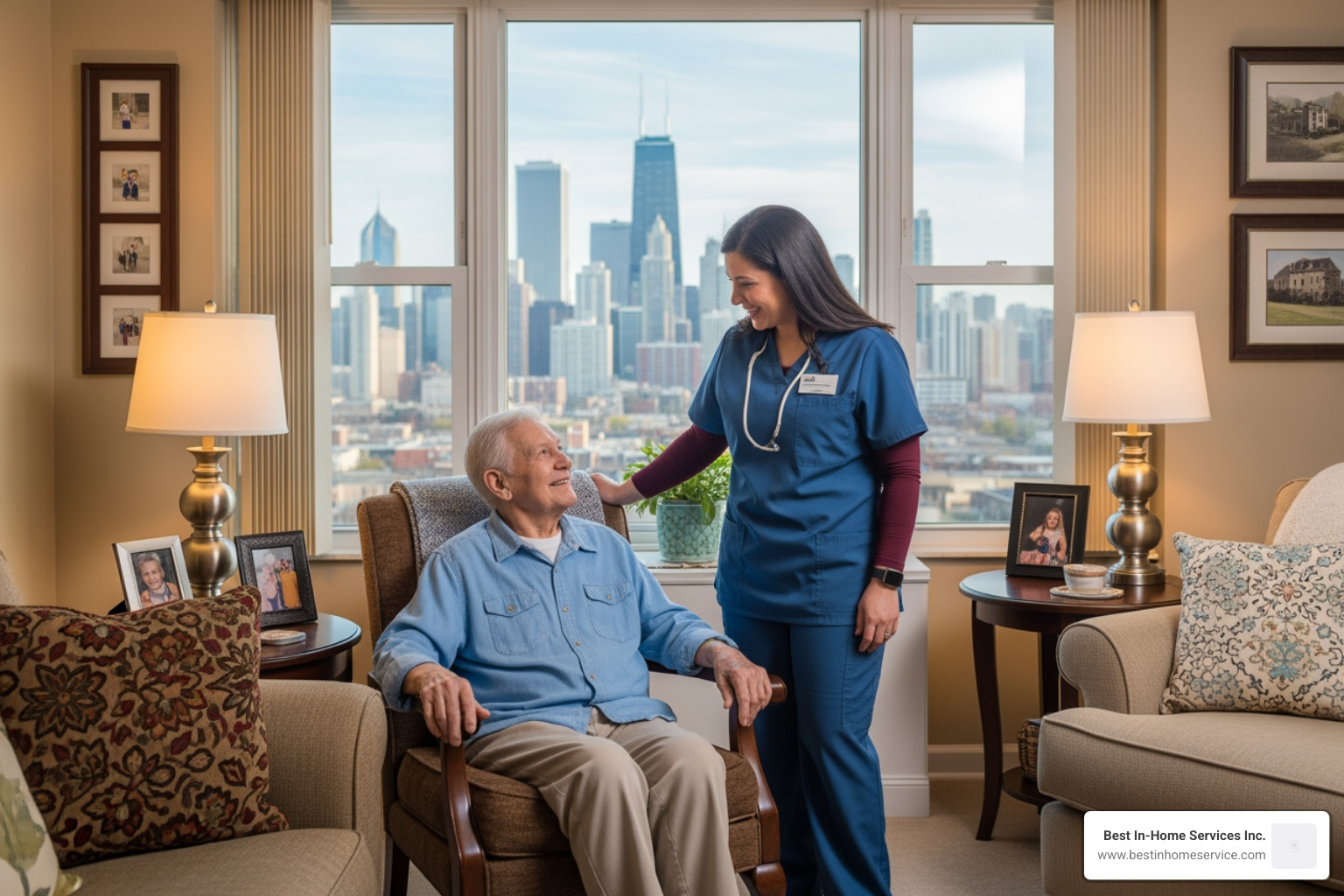 A senior comfortably aging in their Chicago home with a dedicated caregiver