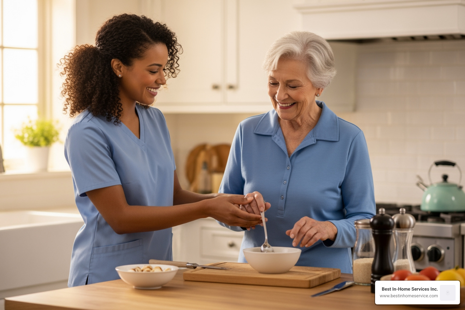 caregiver assisting a senior with light meal preparation in a bright kitchen