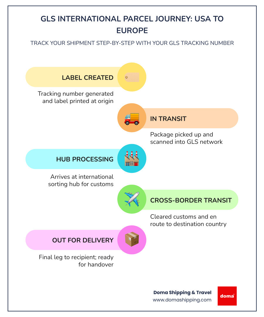 Infographic: GLS international parcel journey from USA to Europe with tracking steps and delivery timeline infographic Infographic: GLS international parcel journey from USA to Europe with tracking steps and delivery timeline infographic