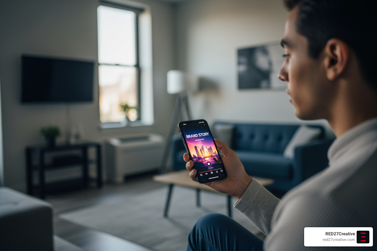 A consumer watching a high-definition brand story on a smartphone A consumer watching a high-definition brand story on a smartphone