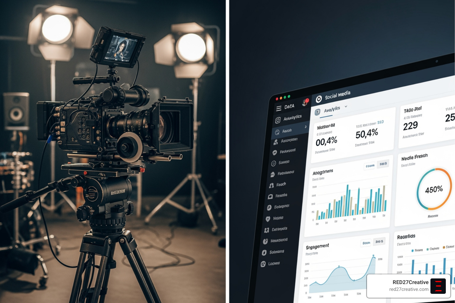 Split screen showing a high-end cinema camera and a data-driven social media dashboard Split screen showing a high-end cinema camera and a data-driven social media dashboard