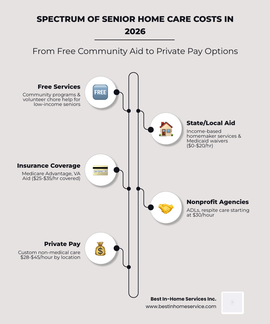 Spectrum of senior home care costs in 2026 from free community services to private pay agencies infographic Spectrum of senior home care costs in 2026 from free community services to private pay agencies infographic