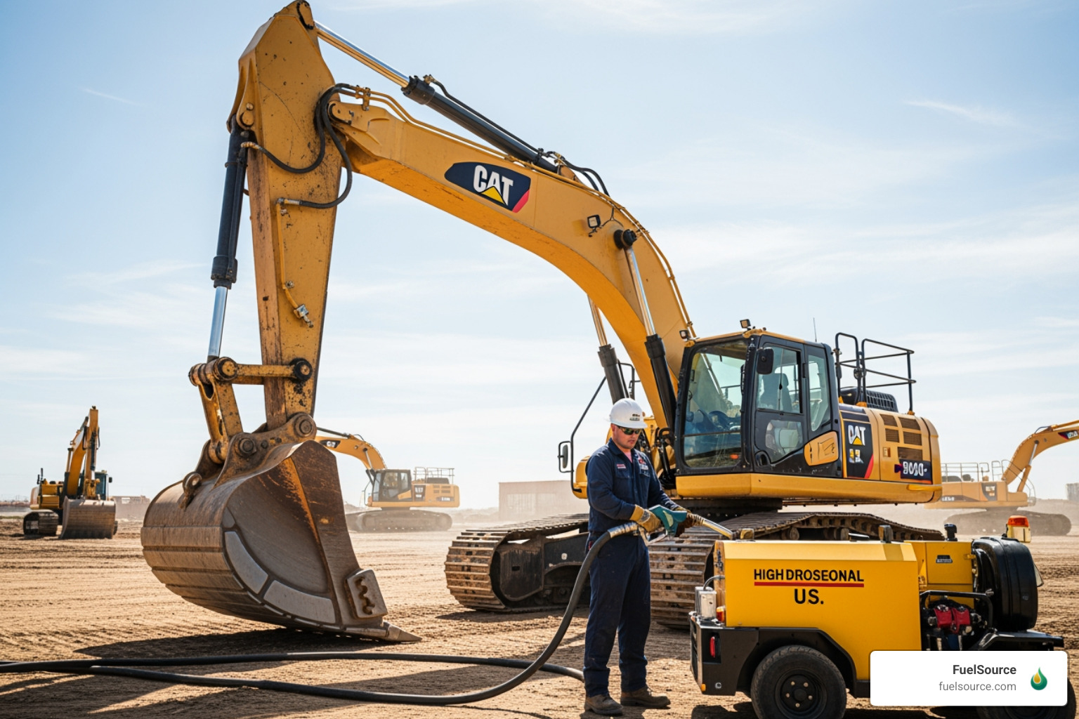 Technician using a high-flow mobile fueling nozzle to refuel a heavy excavator on a construction site Technician using a high-flow mobile fueling nozzle to refuel a heavy excavator on a construction site