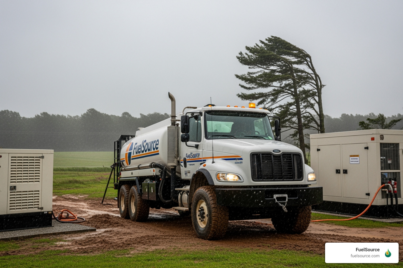 A specialized 4x4 FuelSource truck delivering fuel to a backup generator during a severe weather event A specialized 4x4 FuelSource truck delivering fuel to a backup generator during a severe weather event
