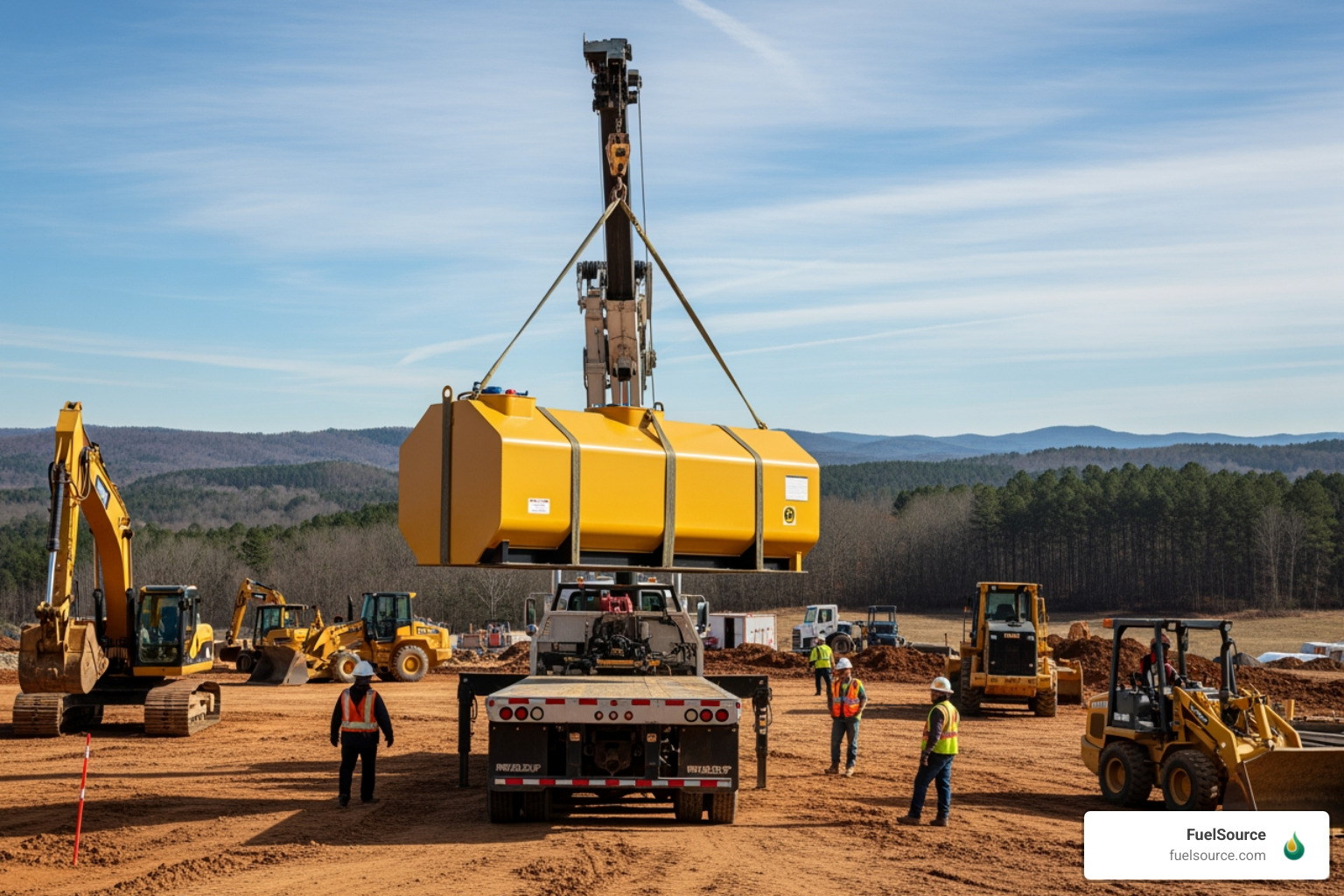 A 1,000-gallon double-wall fuel skid tank being positioned at a North Georgia construction site A 1,000-gallon double-wall fuel skid tank being positioned at a North Georgia construction site