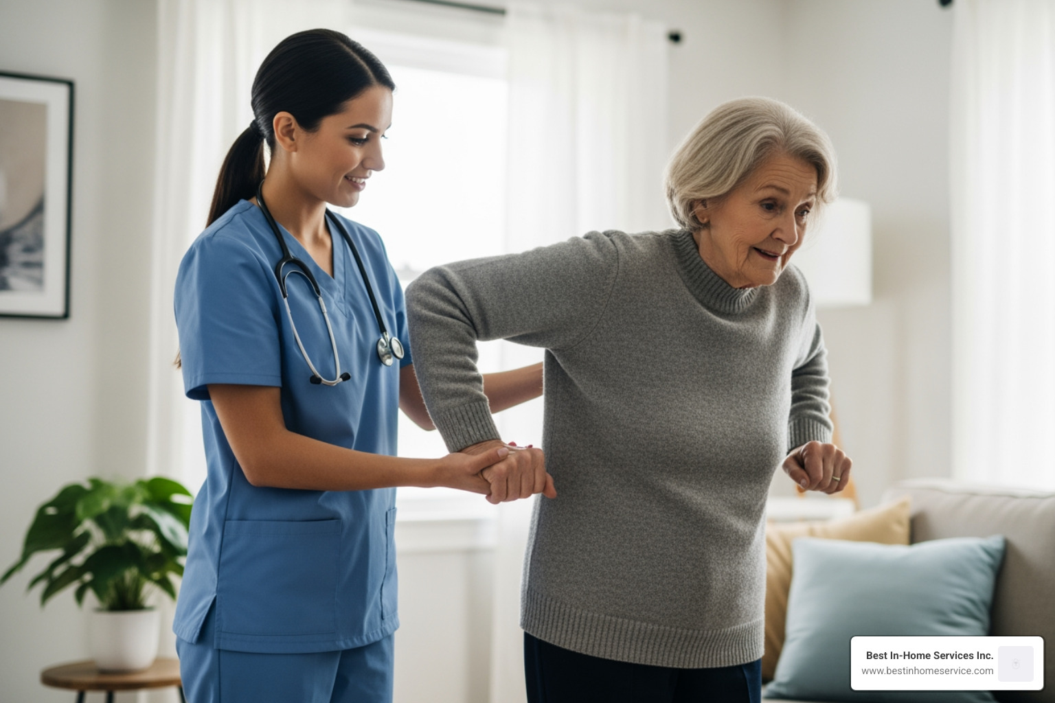 A certified caregiver assisting a senior with daily tasks A certified caregiver assisting a senior with daily tasks