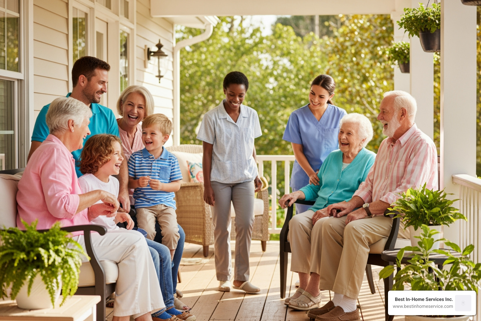 Family laughing together on a porch while a caregiver assists in the background Family laughing together on a porch while a caregiver assists in the background