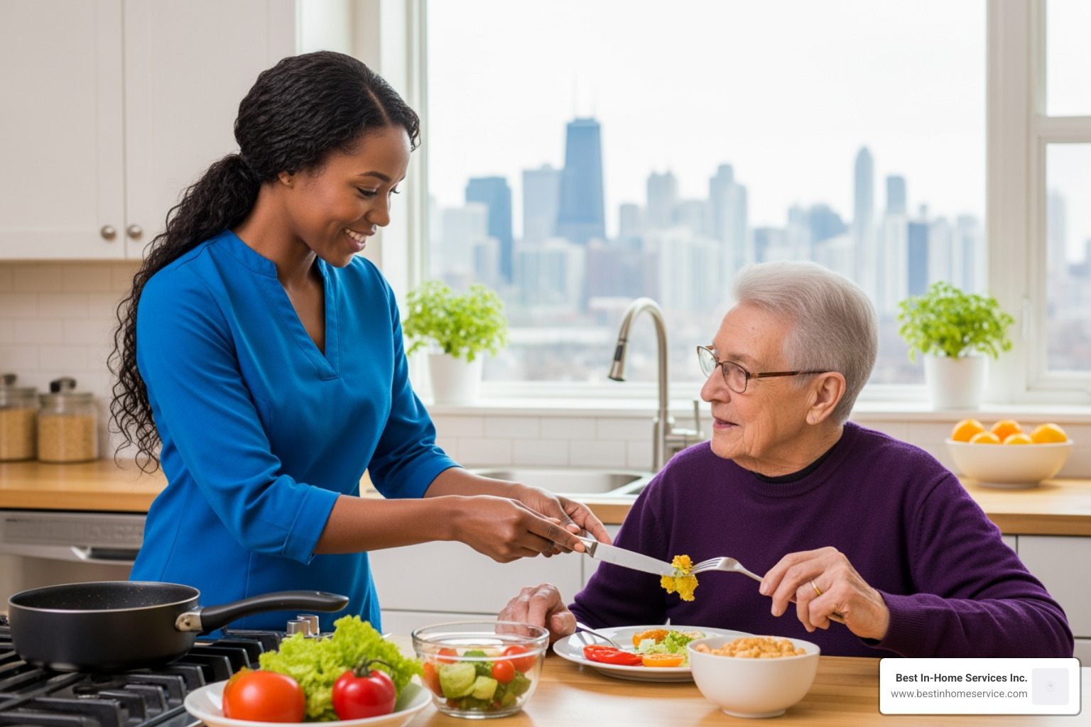 Caregiver assisting a Chicago senior with a healthy meal Caregiver assisting a Chicago senior with a healthy meal