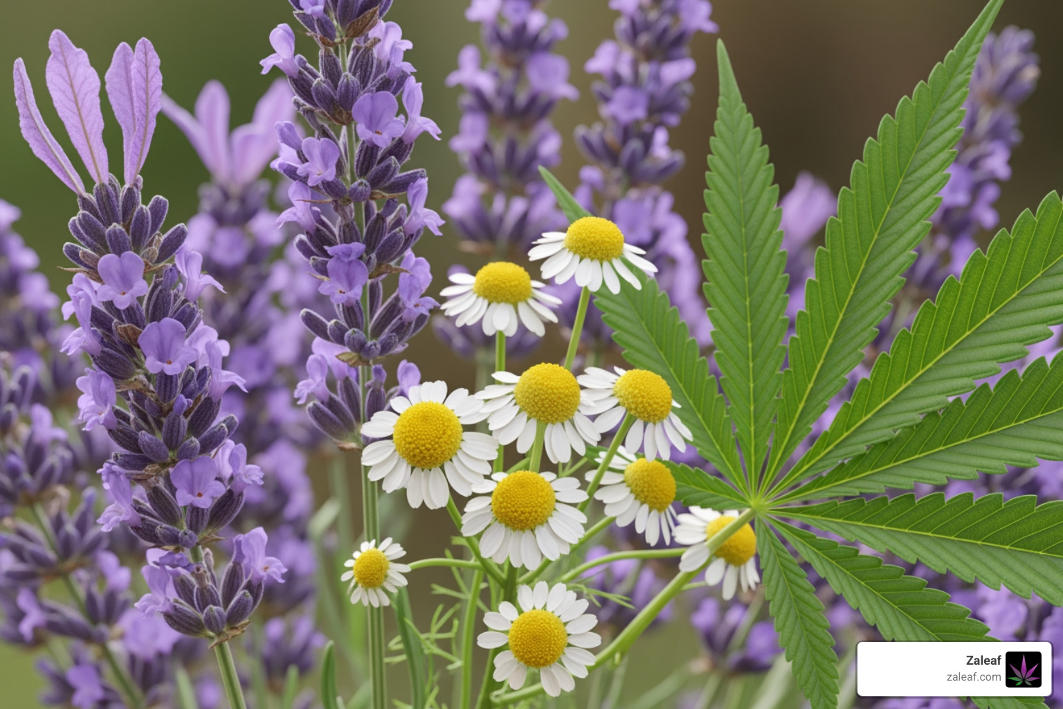 Close up of lavender flowers, chamomile buds, and green hemp leaves representing natural ingredients