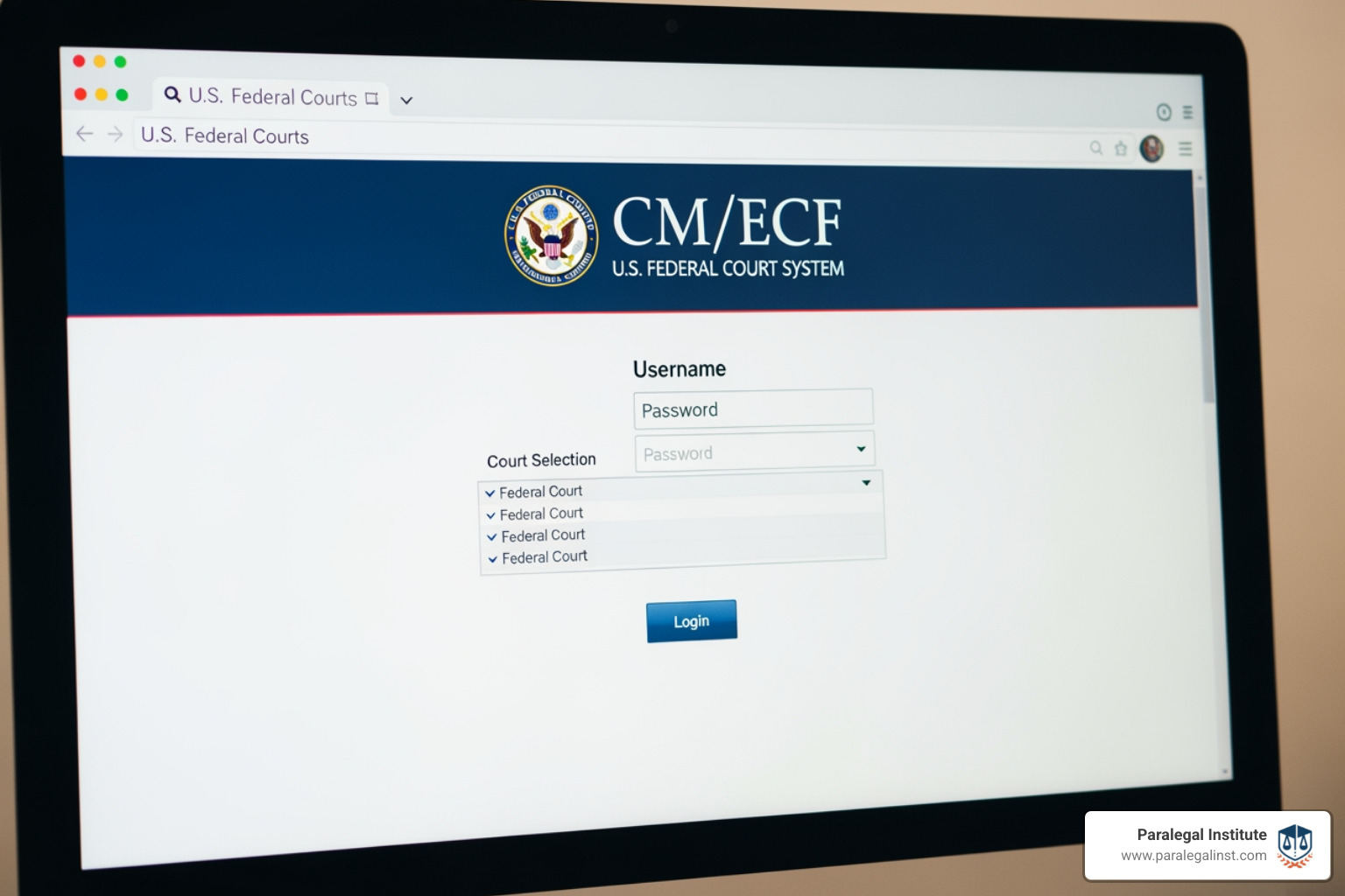 The CM/ECF login interface used by legal professionals The CM/ECF login interface used by legal professionals