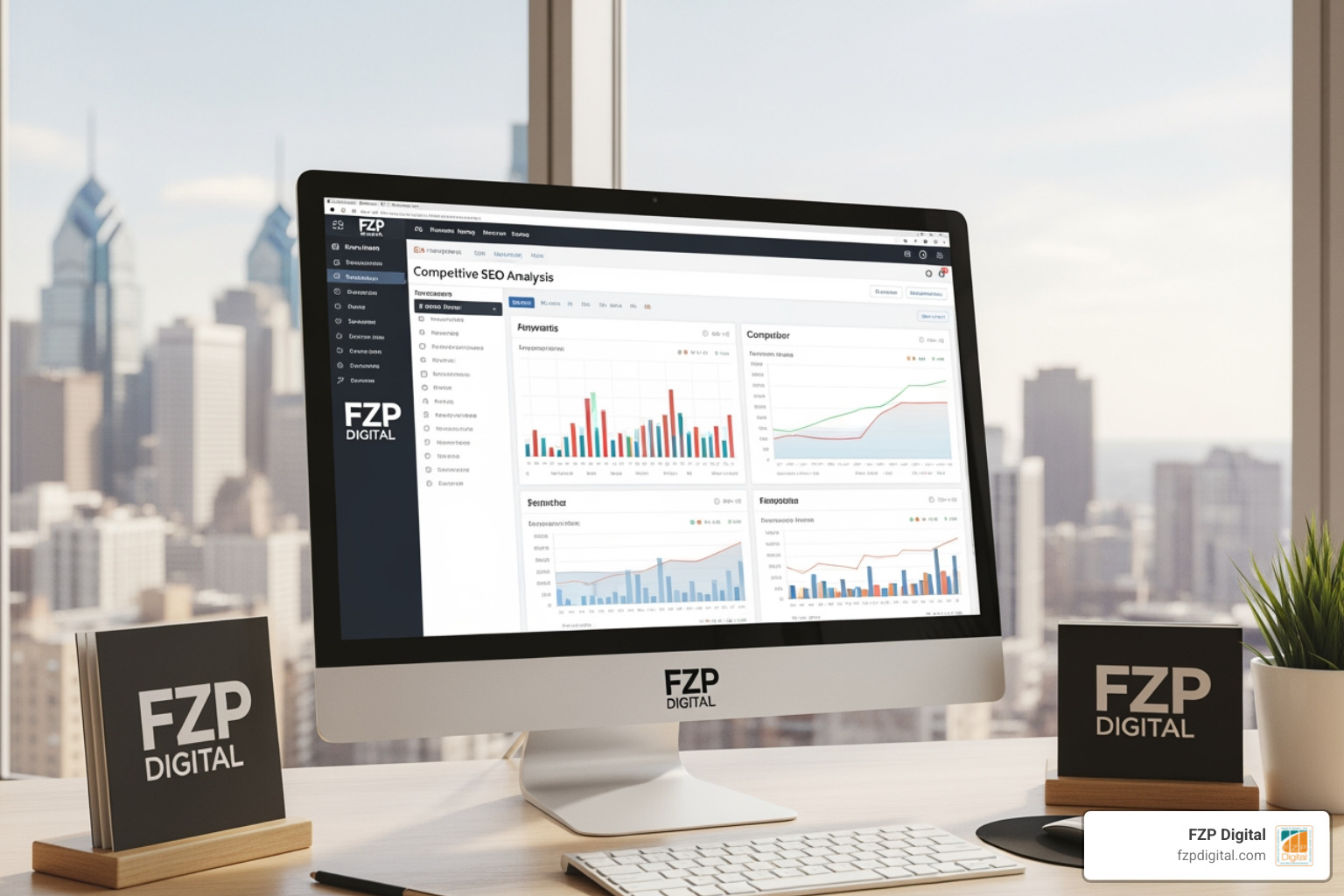 competitive SEO analysis with FZP Digital logo and Philadelphia skyline competitive SEO analysis with FZP Digital logo and Philadelphia skyline