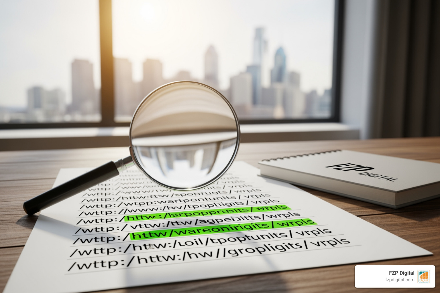 A magnifying glass hovering over a list of website URLs, highlighting the best opportunities A magnifying glass hovering over a list of website URLs, highlighting the best opportunities