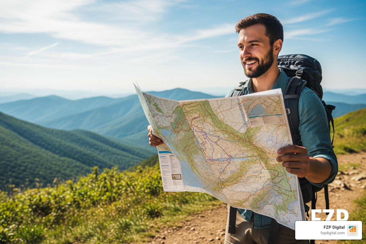 A hiker looking at a map of a mountain range, planning the best path to the summit with FZP Digital branding A hiker looking at a map of a mountain range, planning the best path to the summit with FZP Digital branding