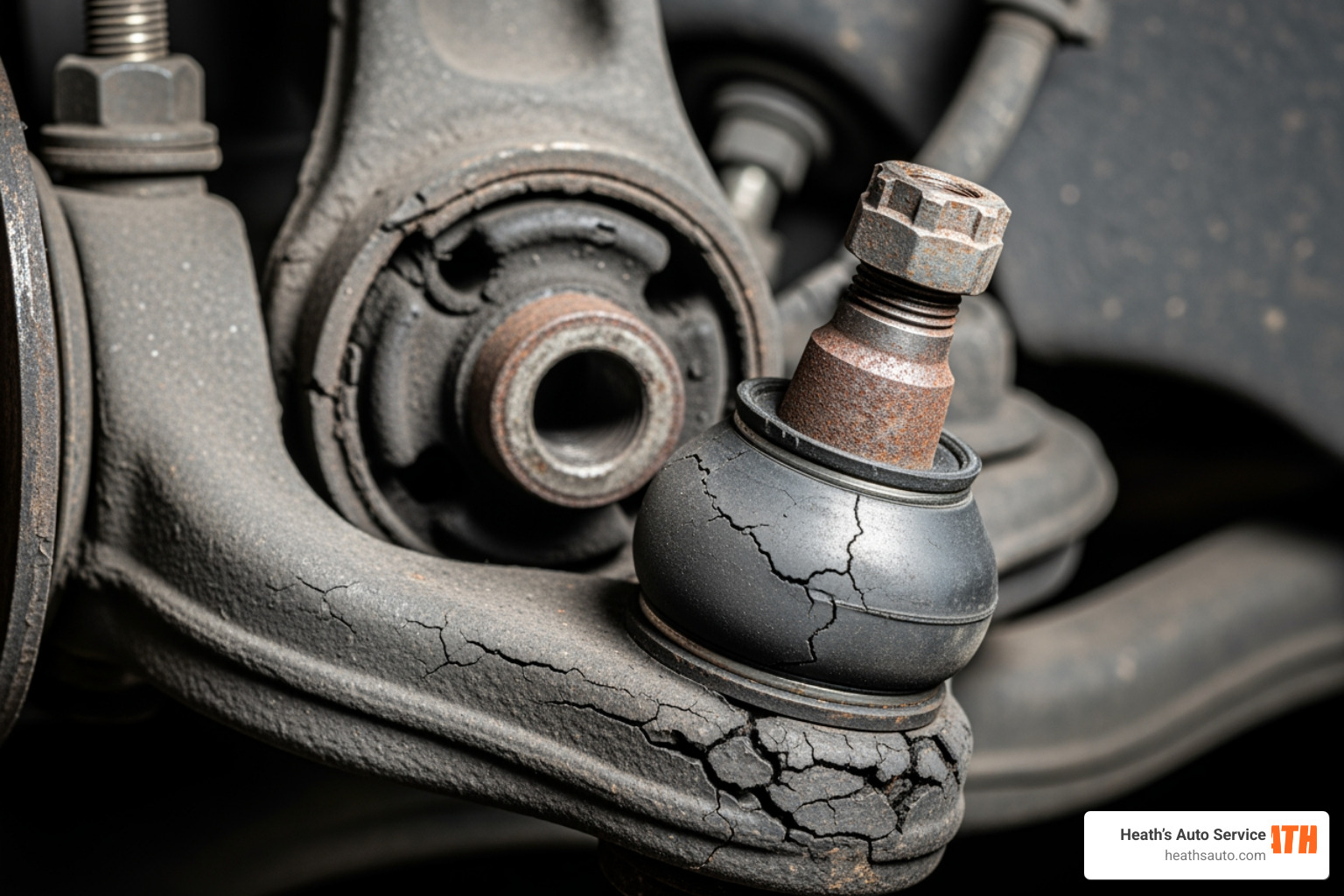 close up of worn out rubber control arm bushings and a loose ball joint