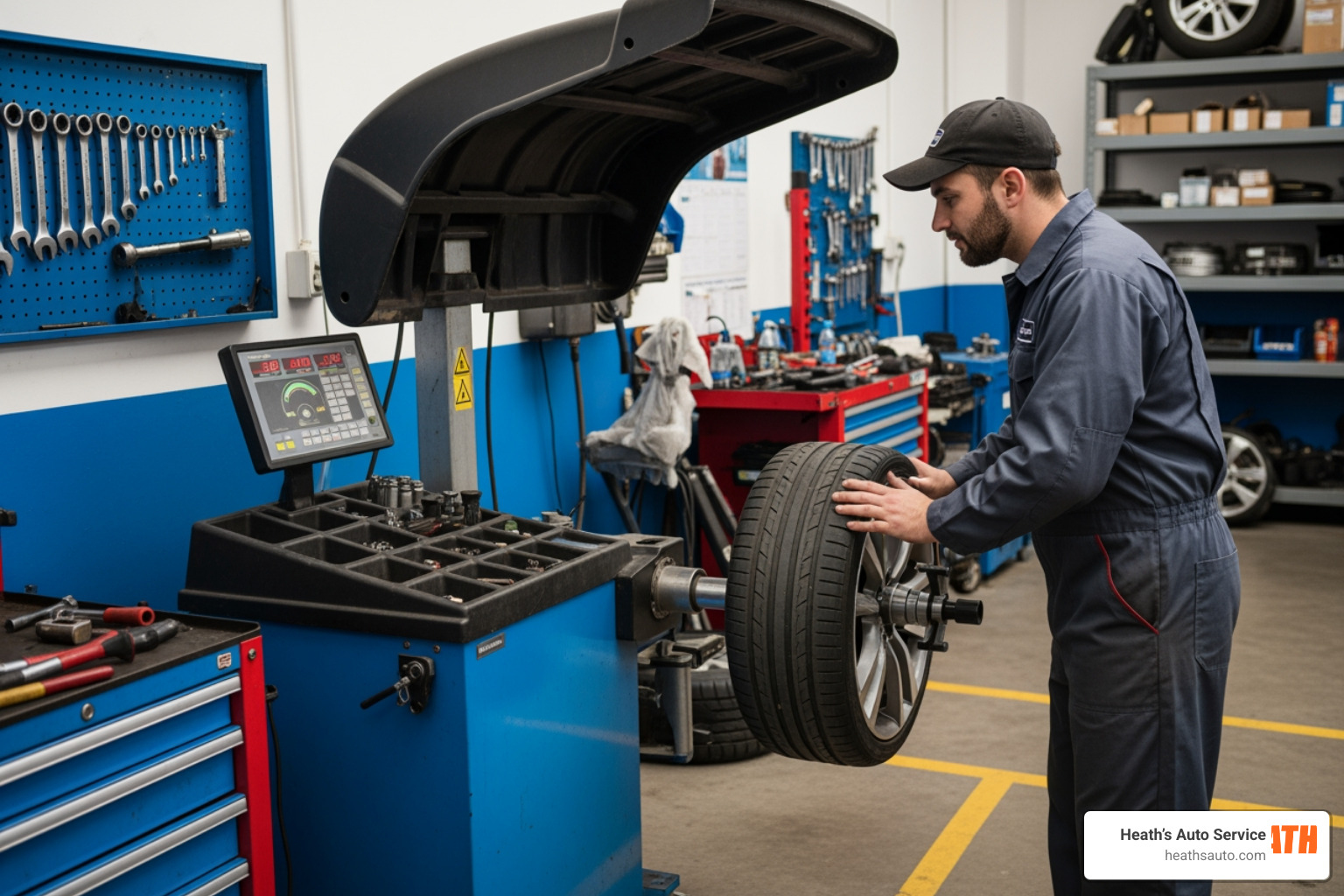 technician using a dynamic balancing machine to check a wheel for imbalances