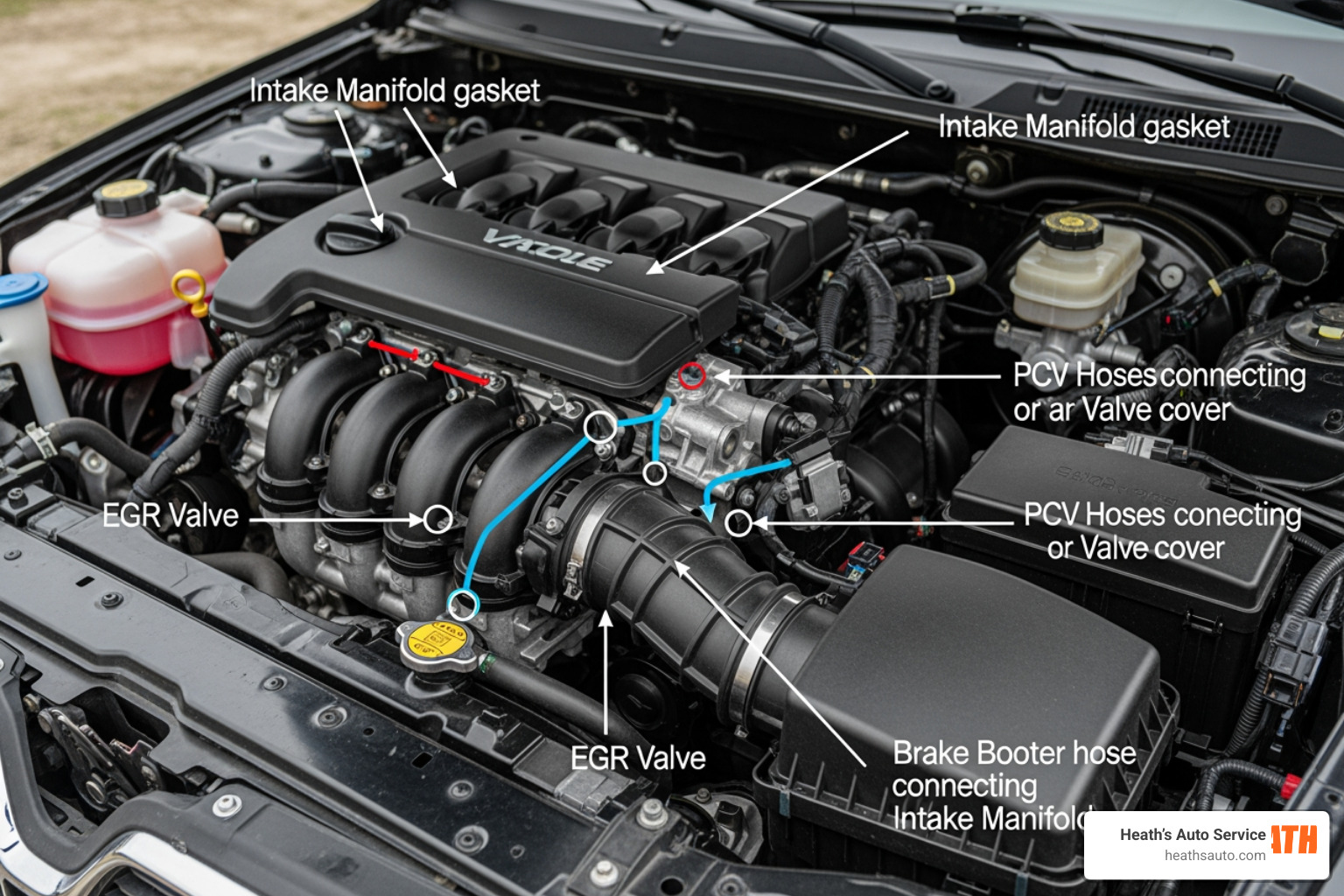 Diagram of engine intake system showing common vacuum leak locations