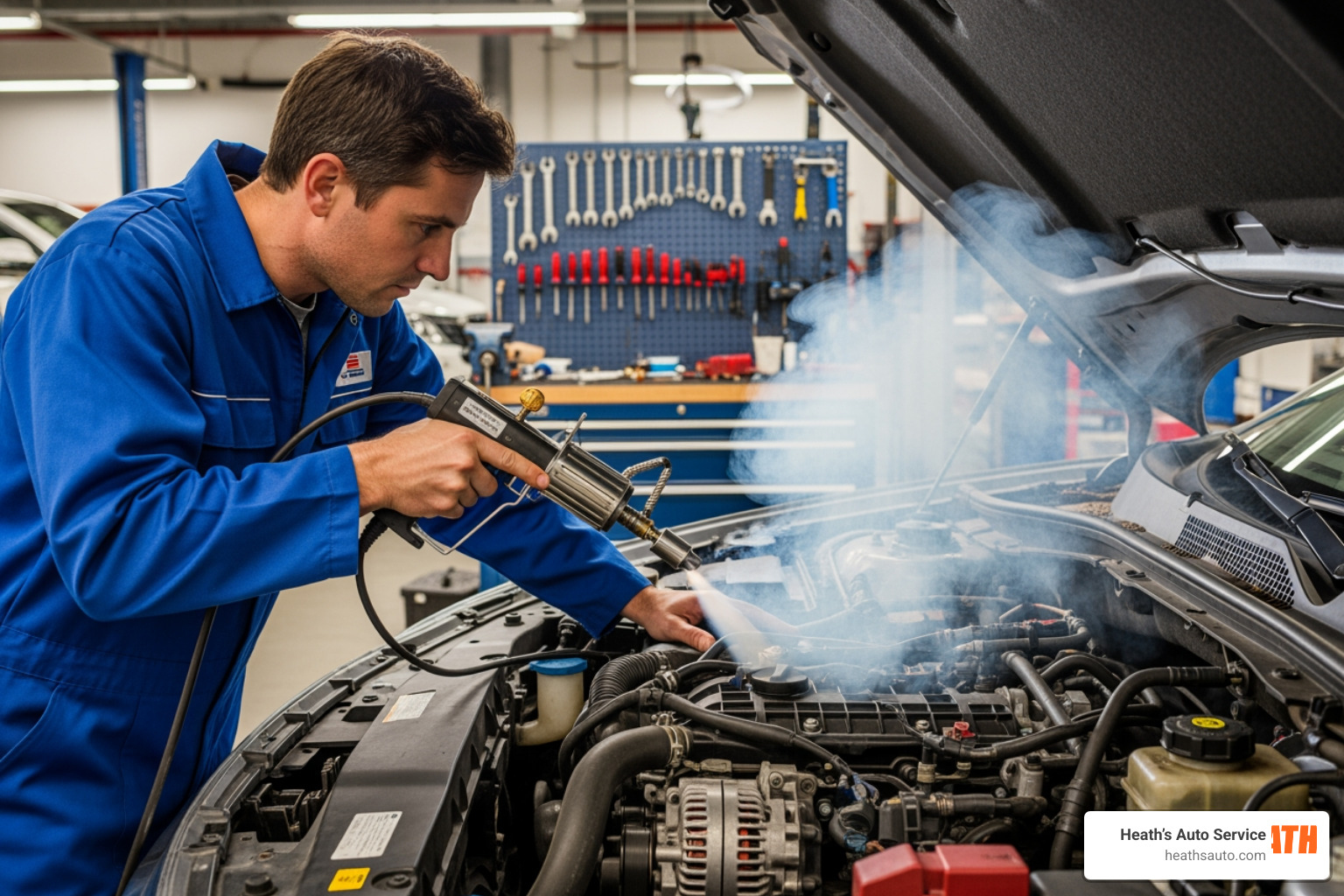 Mechanic checking for vacuum leaks with a handheld tool Mechanic checking for vacuum leaks with a handheld tool