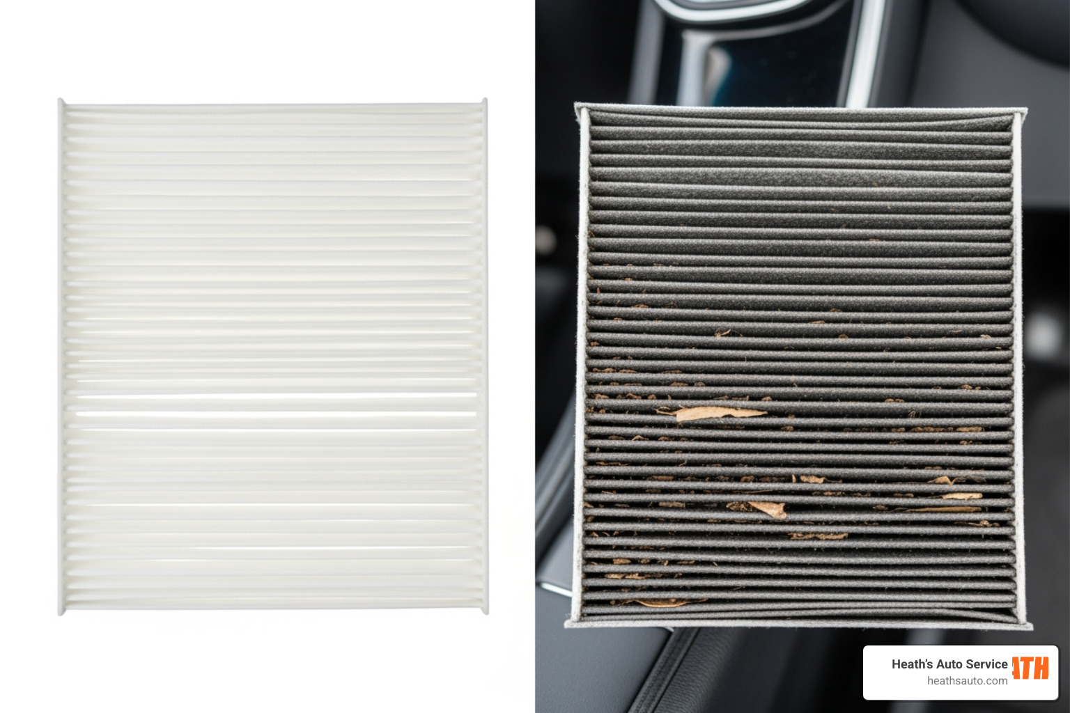 Comparison of a dirty, gray cabin air filter vs a clean, white one Comparison of a dirty, gray cabin air filter vs a clean, white one