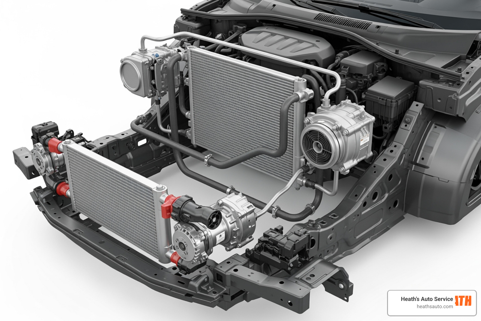 Diagram of a modern vehicle air conditioning system layout showing the compressor, condenser, and evaporator Diagram of a modern vehicle air conditioning system layout showing the compressor, condenser, and evaporator