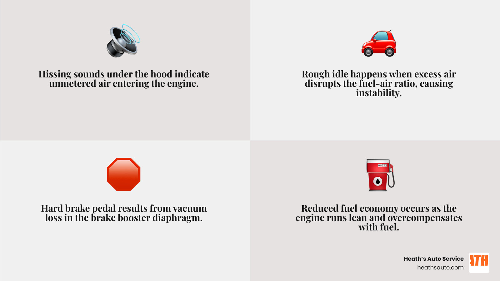 Infographic showing vacuum leak symptoms, causes, and repair cost ranges infographic Infographic showing vacuum leak symptoms, causes, and repair cost ranges infographic