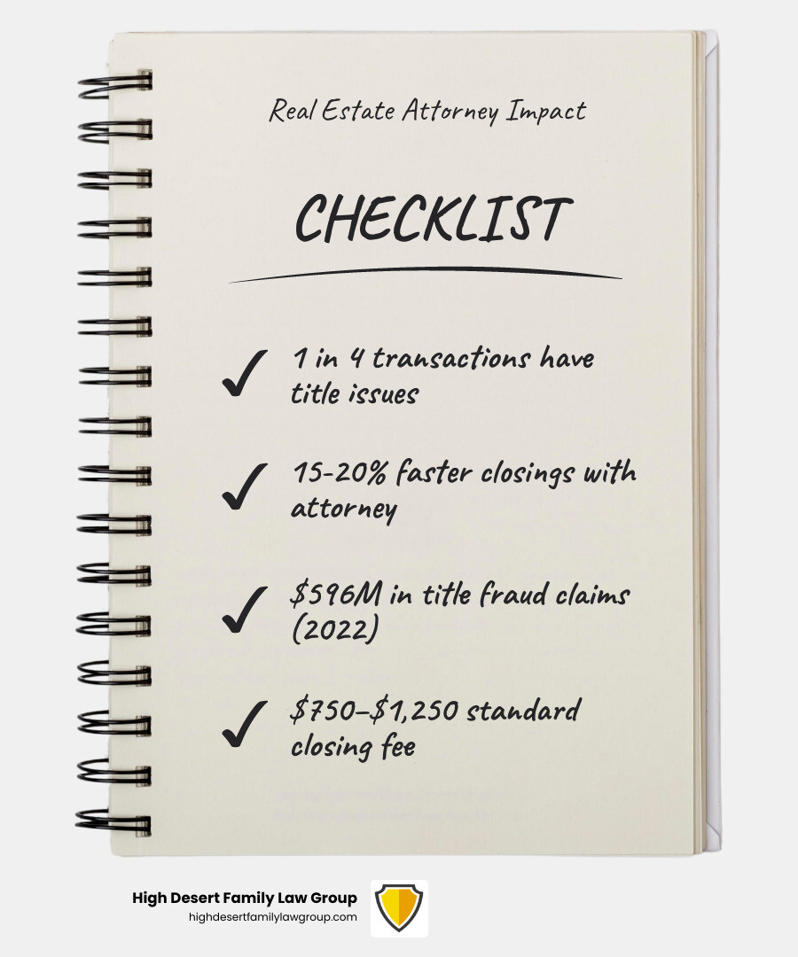 Infographic showing real estate attorney fee ranges, 15-20% faster closings with legal oversight, and 25% of transactions Infographic showing real estate attorney fee ranges, 15-20% faster closings with legal oversight, and 25% of transactions